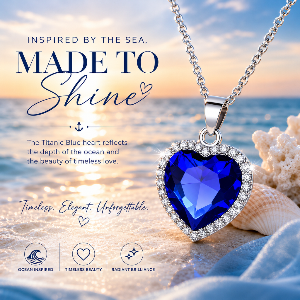 Ocean Inspired Blue Heart Crystal Necklace - Timeless Love Pendant with Sparkling Halo