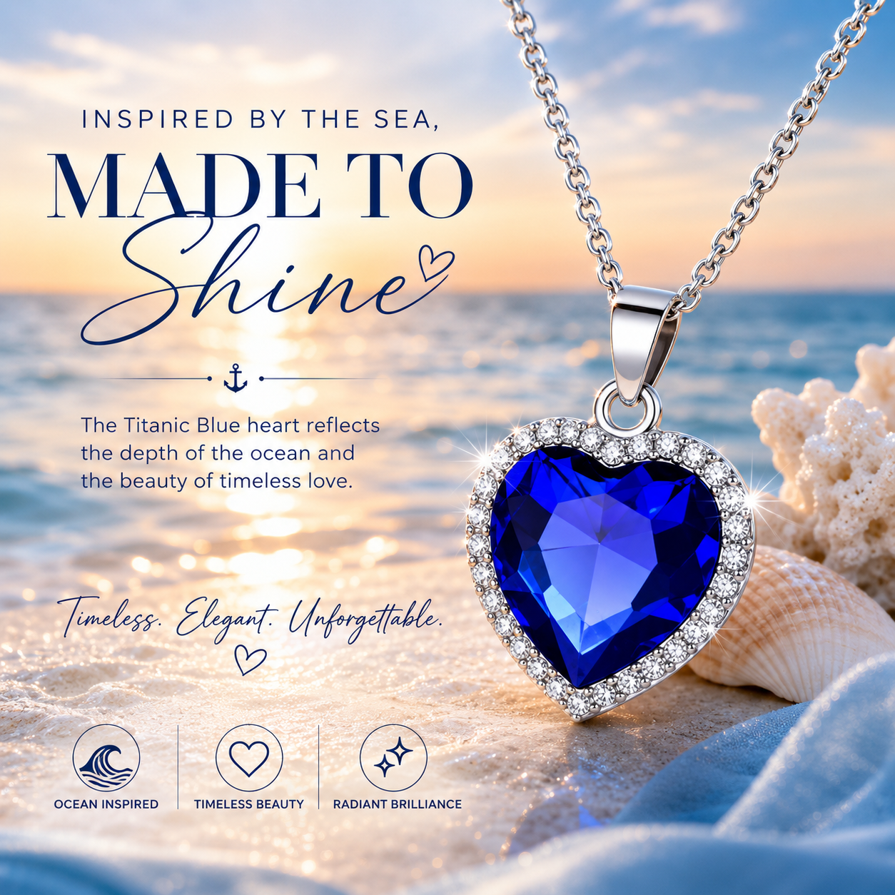Ocean Inspired Blue Heart Crystal Necklace - Timeless Love Pendant with Sparkling Halo