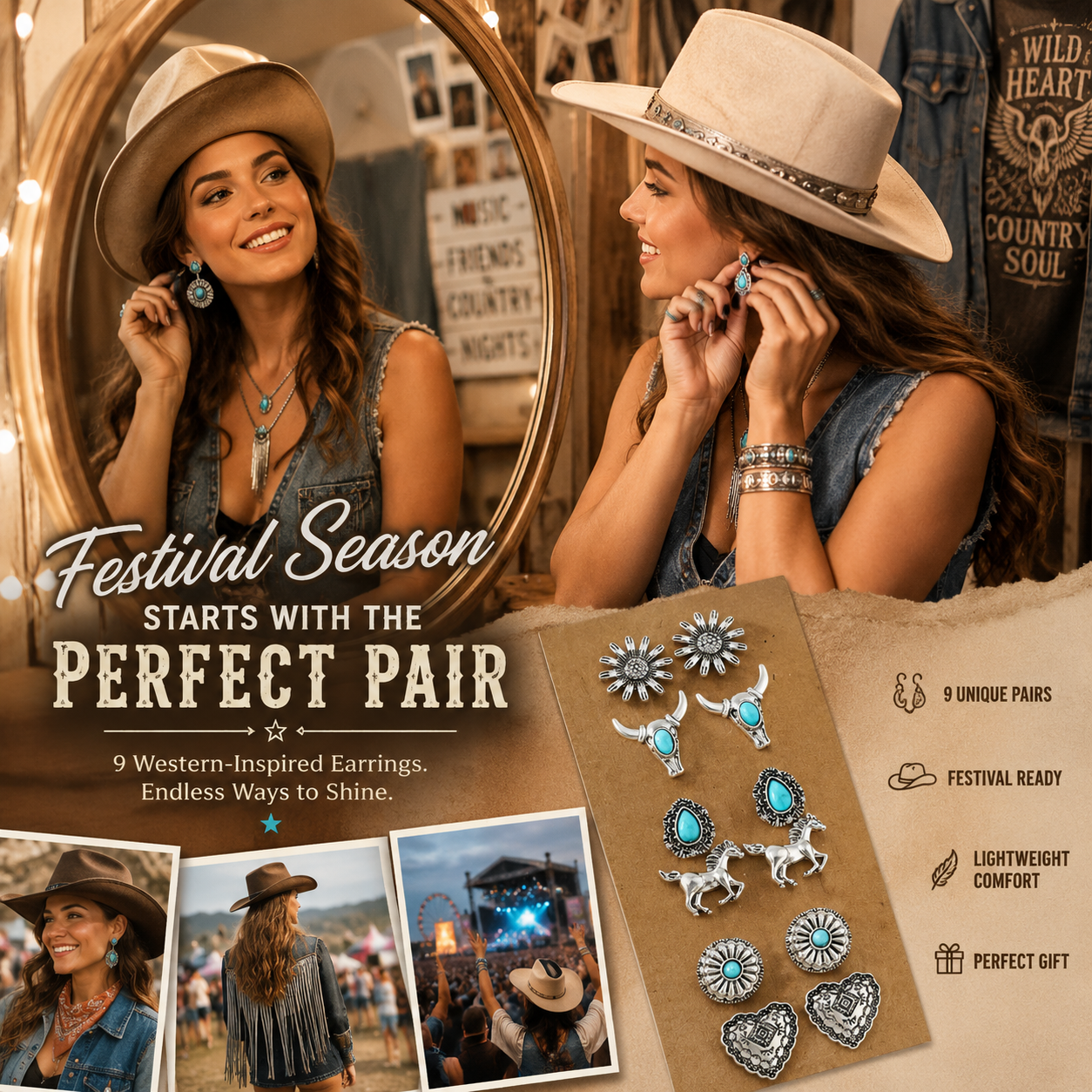 Vintage Western Turquoise Stud Earrings Set 5 Pairs Boho Cowgirl Earrings, Lightweight Silver Tone Southwestern Jewelry for Women
