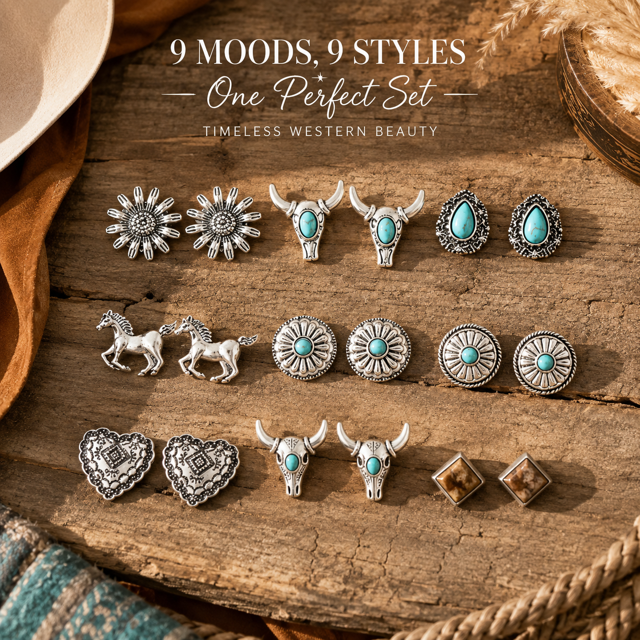 Vintage Western Turquoise Stud Earrings Set 5 Pairs Boho Cowgirl Earrings, Lightweight Silver Tone Southwestern Jewelry for Women