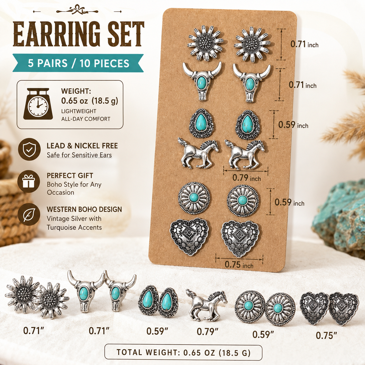Vintage Western Turquoise Stud Earrings Set 5 Pairs Boho Cowgirl Earrings, Lightweight Silver Tone Southwestern Jewelry for Women